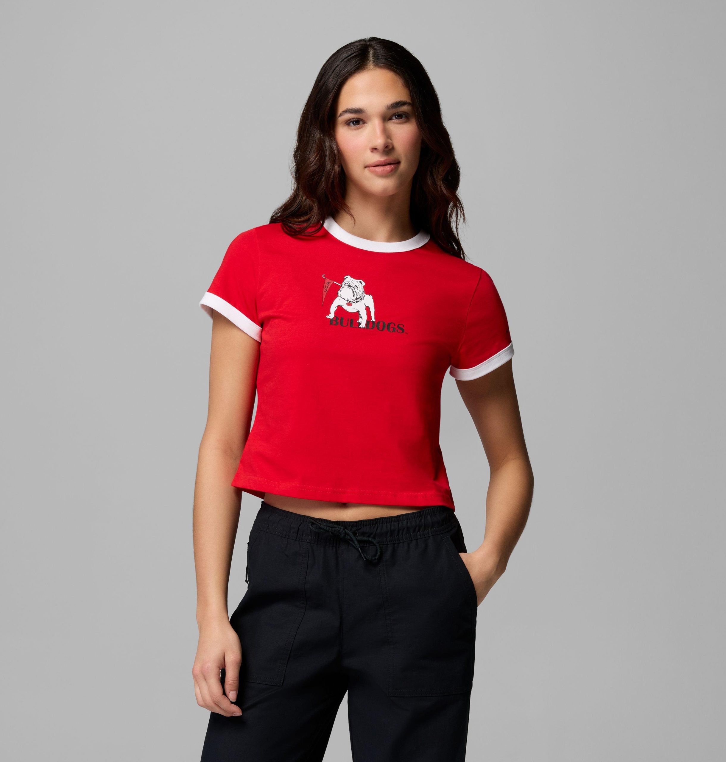 dames t-shirt met rolling bend-print en contrasterende boord - georgia