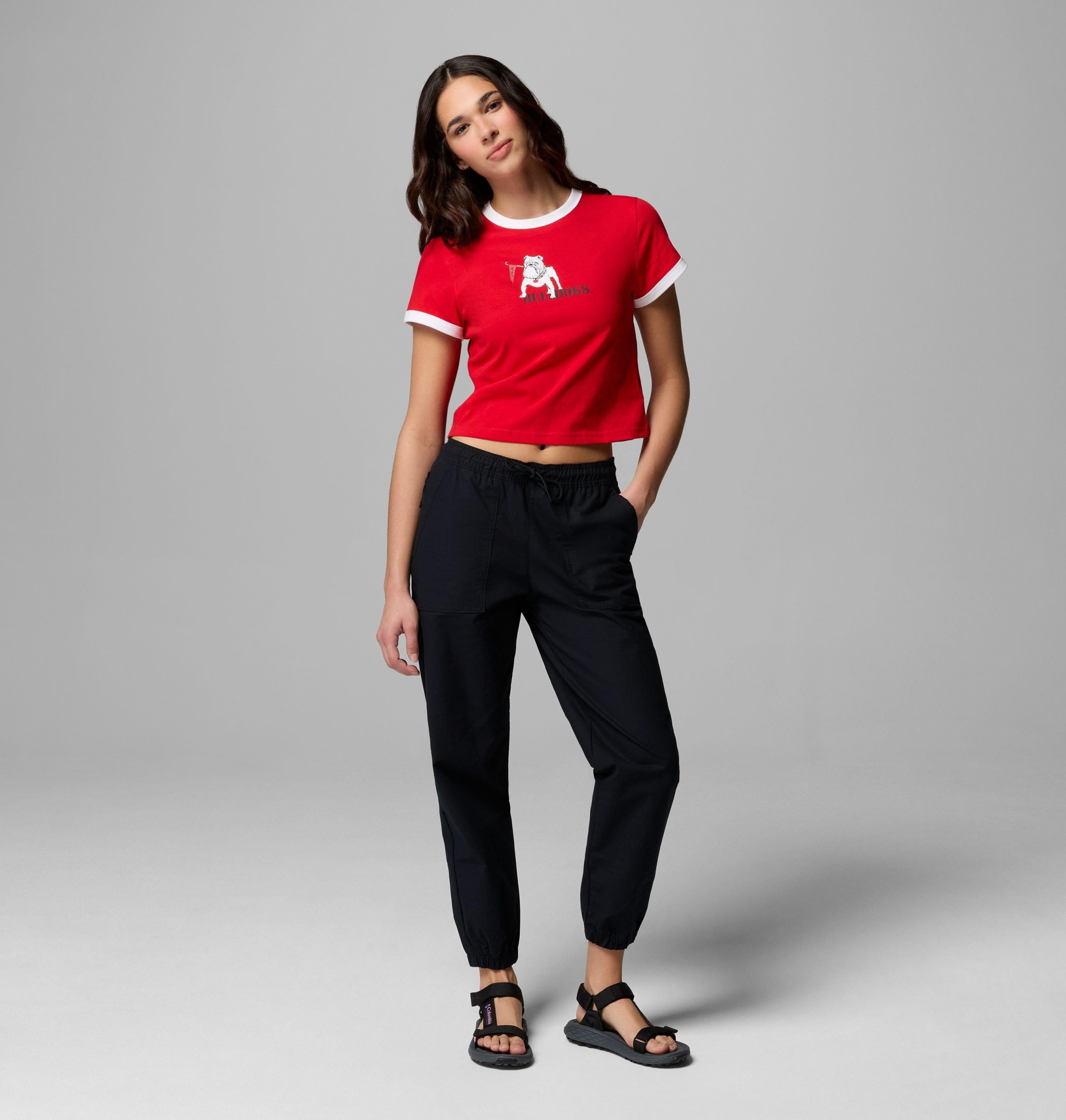 dames t-shirt met rolling bend-print en contrasterende boord - georgia