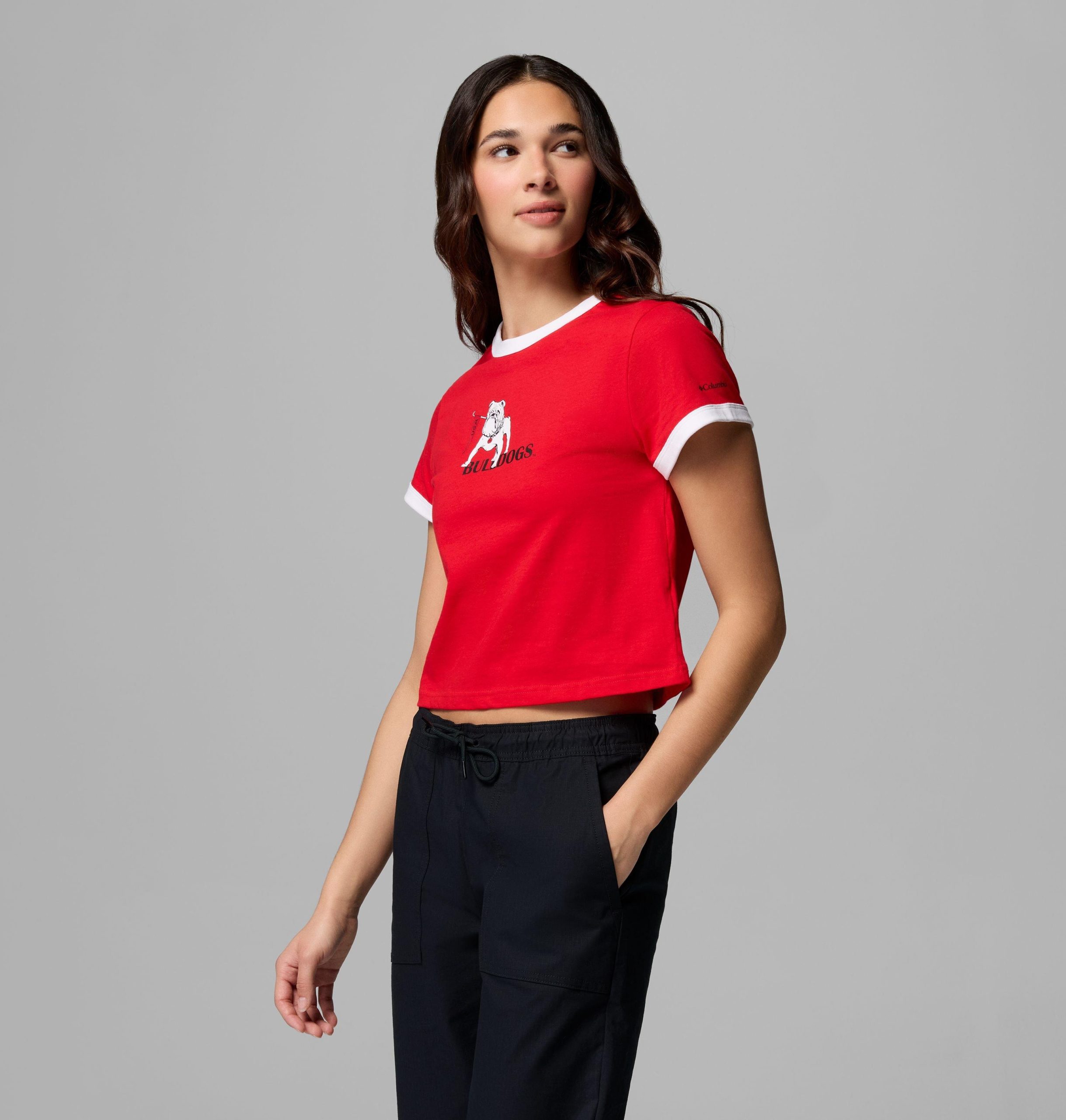 dames t-shirt met rolling bend-print en contrasterende boord - georgia