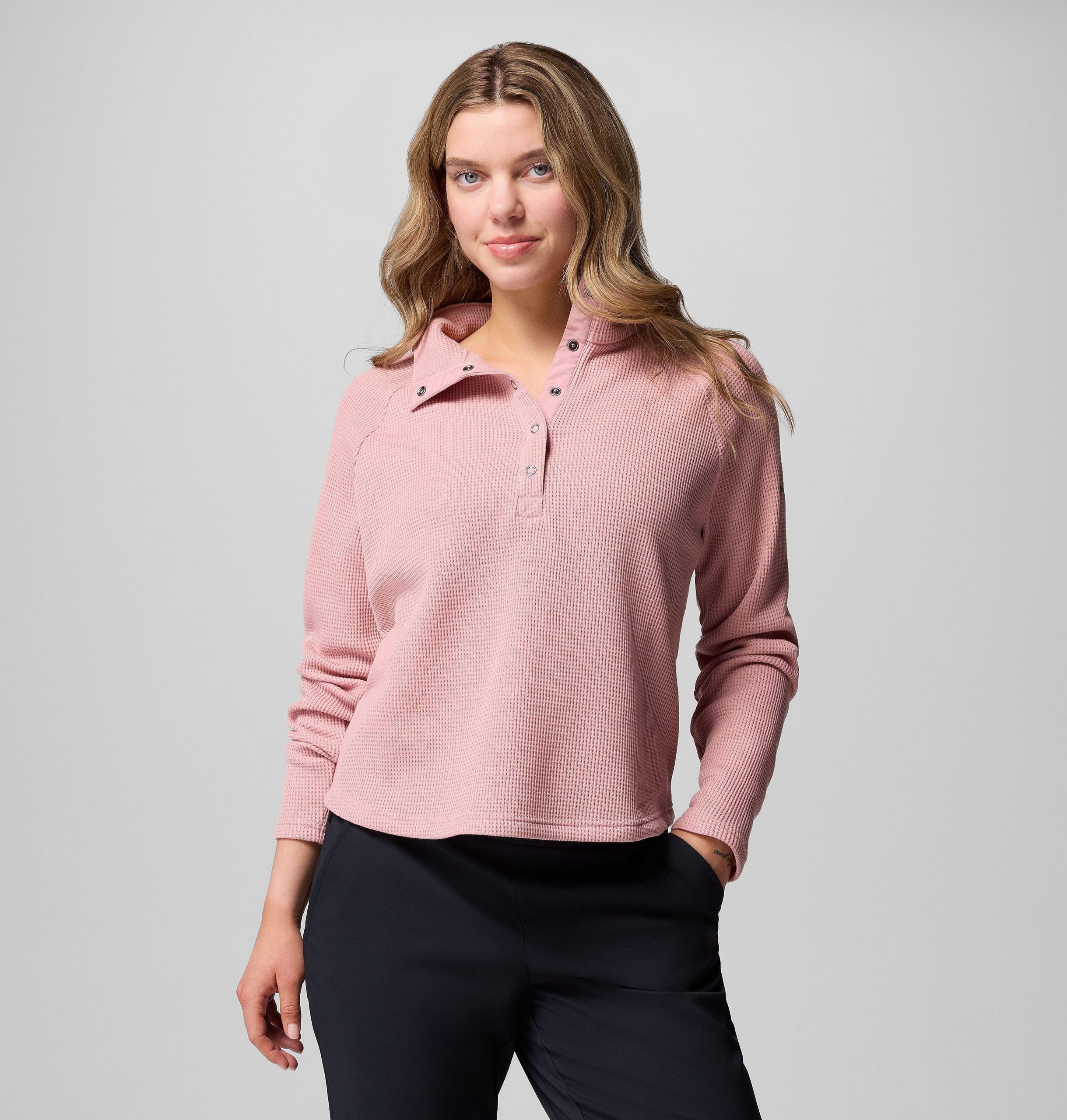 dames holly hideaway waffle half snap shirt