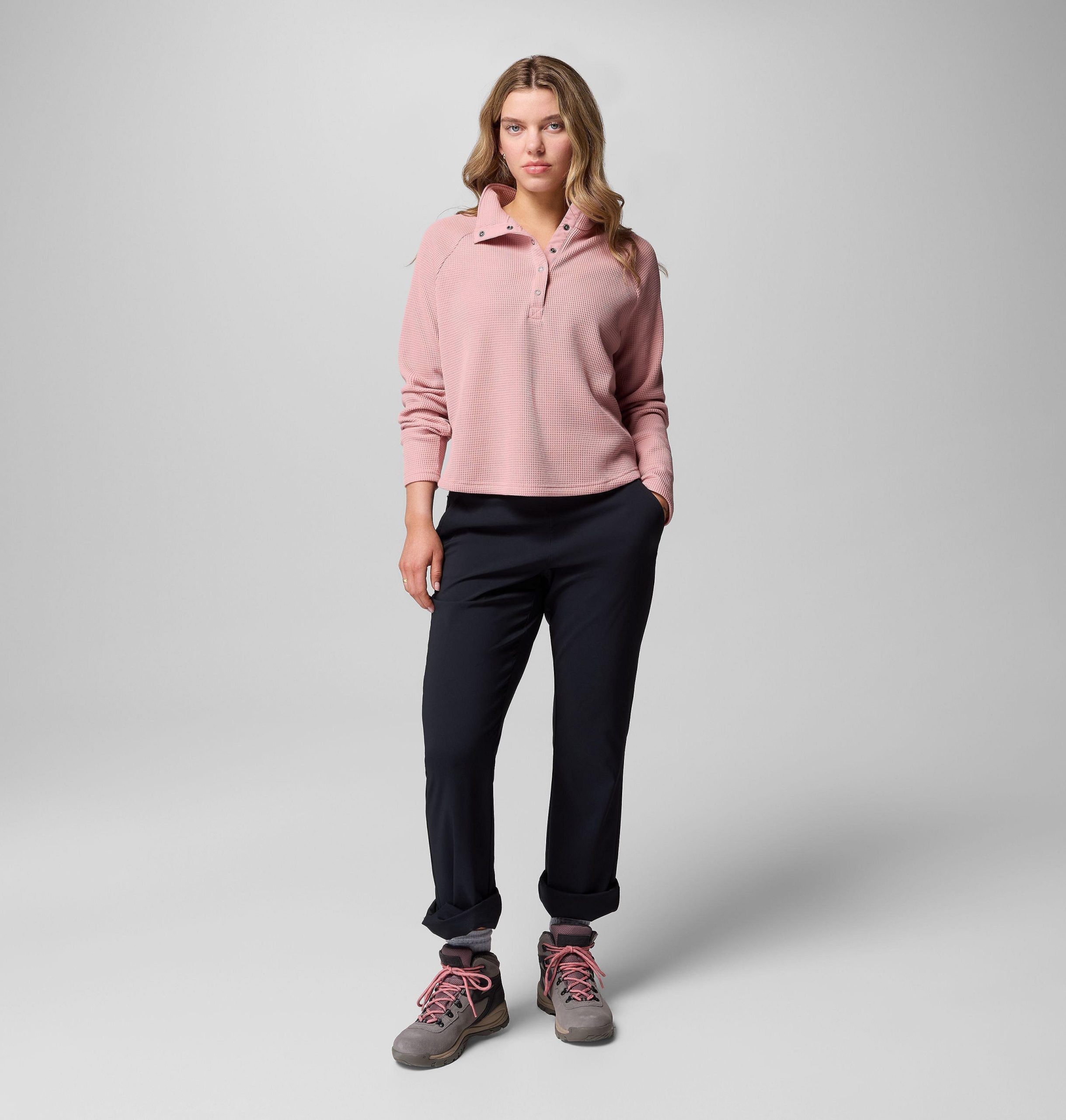dames holly hideaway waffle half snap shirt