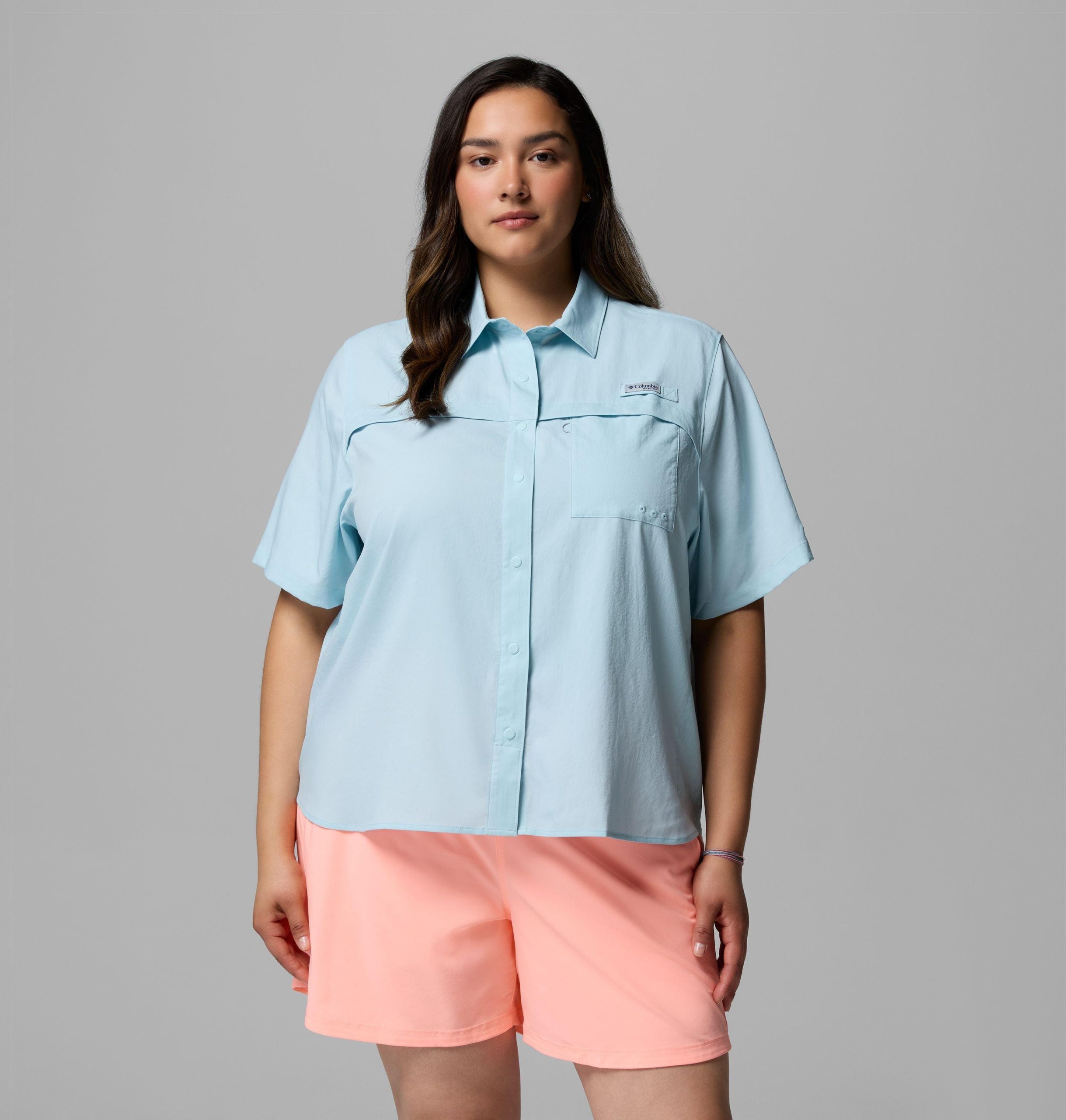 dames pfg castback geweven shirt met korte mouwen - plus size