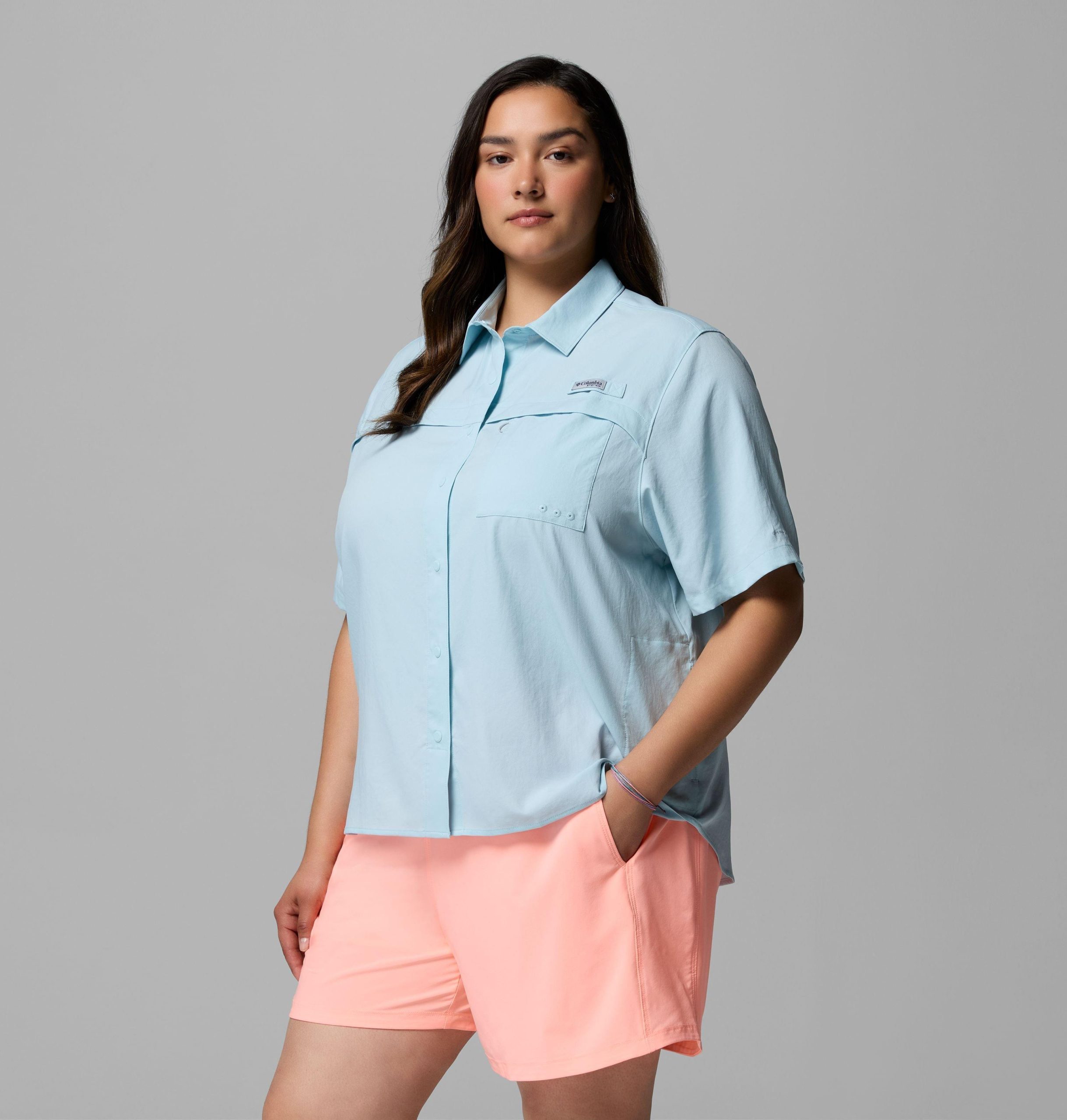 dames pfg castback geweven shirt met korte mouwen - plus size