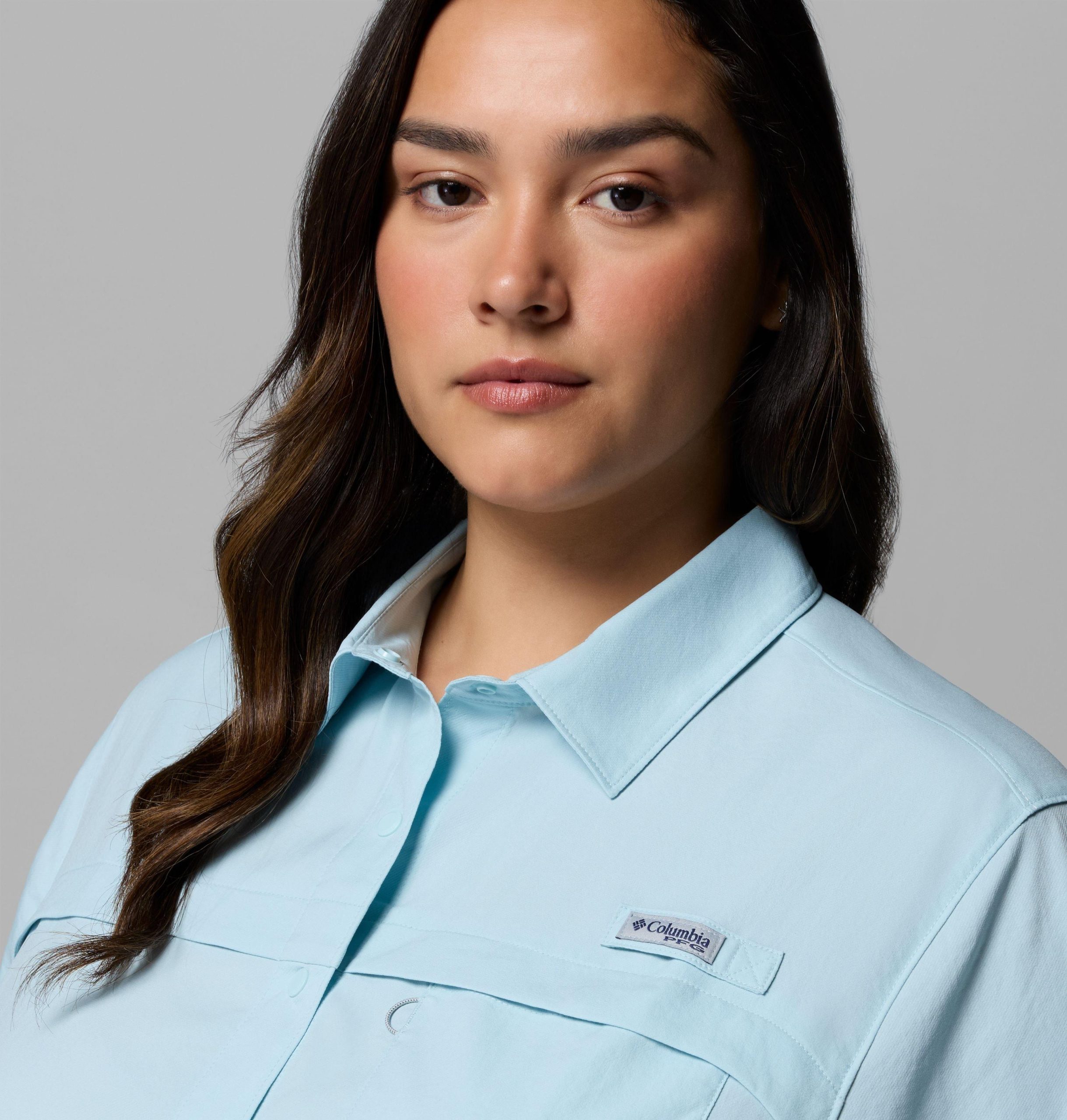 dames pfg castback geweven shirt met korte mouwen - plus size